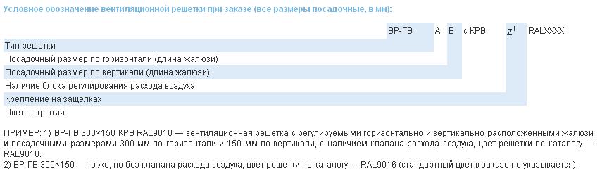 Условное обозначение вентиляционной решетки при заказе (все размеры посадочные, в мм) вентиляционной решетки ВР-ГВ