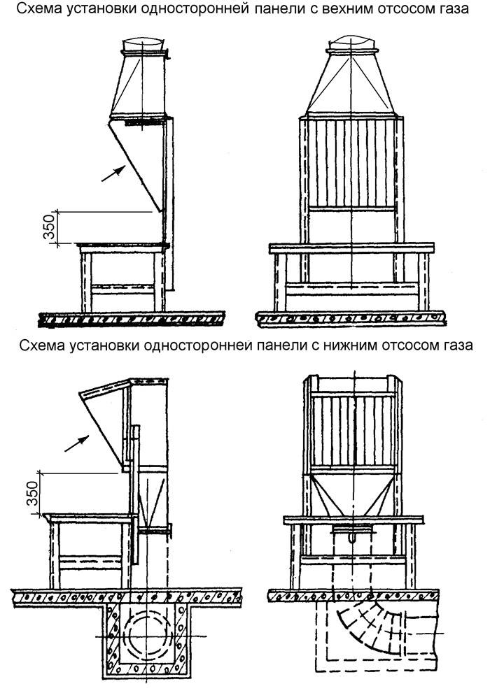 Схема установки односторонней панели с верхним/нижним отсосом газа
