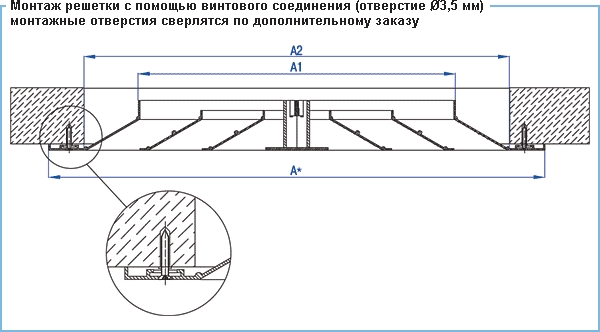 Монтаж решетки с помощью винтового соединения (отверстие 3,5 мм) вентиляционной решетки ВР-ПК. Монтажные отверстия сверлятся по дополнительному заказу.