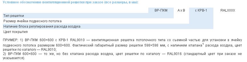 Условное обозначение вентиляционной решетки при заказе (все размеры посадочные, в мм) вентиляционной решетки ВР-ПКМ