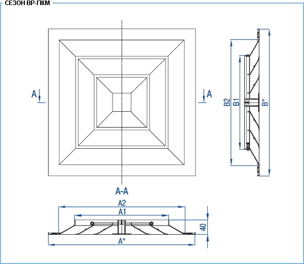 Посадочные размеры и сечение профиля вентиляционной решетки ВР-ПКМ