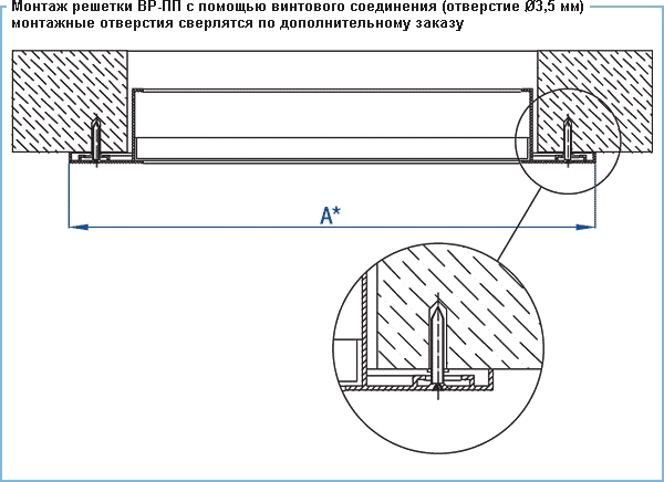 Монтаж решетки ВР-ПП с помощью винтового соединения (отверстие 3,5 мм). Монтажные отверстия сверлятся по дополнительному заказу.