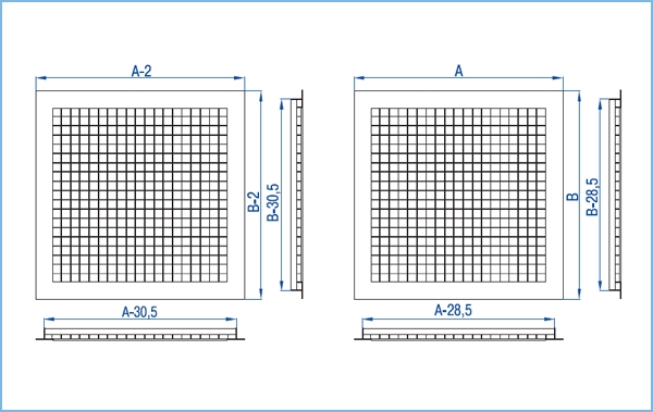 Посадочные размеры и сечение профиля вентиляционной решетки ВР-Я, ВР-ПЯ