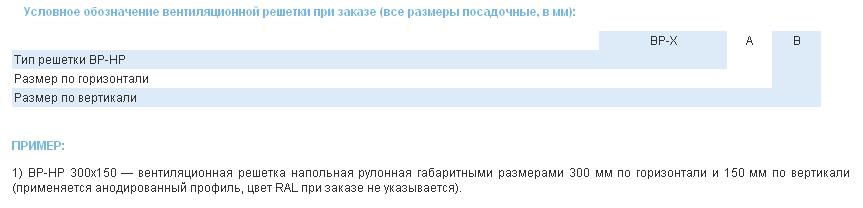 Условное обозначение вентиляционной решетки ВР-НР при заказе (все размеры посадочные, в мм)