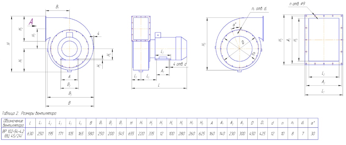 Габаритные размеры вентилятора ВР 102-45