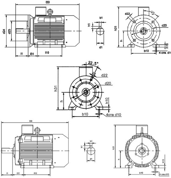Габаритные и присоединительные размеры электродвигателей серии 5АИ с электромагнитным тормозом
