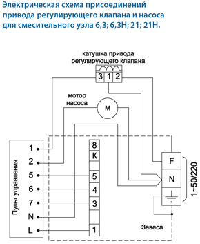 Электрическая схема присоединений привода регулируюшего клапана и насоса для смесительного узла 6,3Н, 6,3, 21Н и 21
