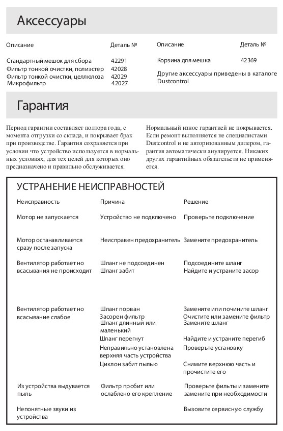 Неисправности (Однофазные промышленные пылесосы для пылеудаления и уборки DC 1800)