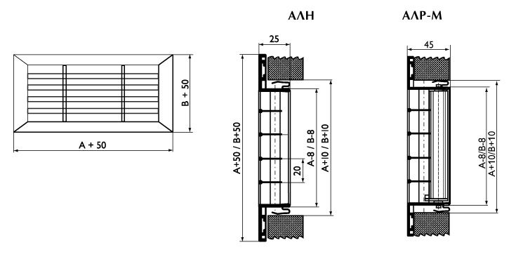 Габаритные размеры. Решетки с фиксированными жалюзи АЛН, АЛР-М