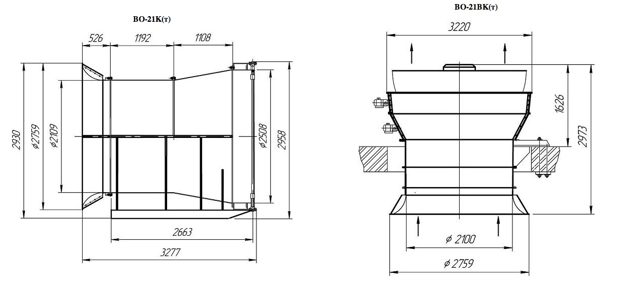 Габаритные размеры. Вентиляторы ВО-21К(т), ВО-21ВК(т)