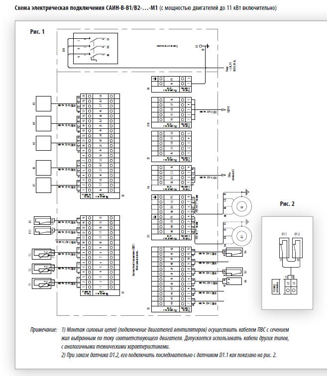 Схема электрическая подключения САИН-В-В1/В2-…-М1 (с мощностью двигателей до 11 кВт включительно)