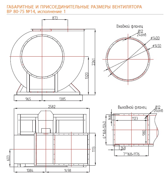 Габаритные и присоединительные размеры вентилятора ВР 80-75 №14 (сх.1)