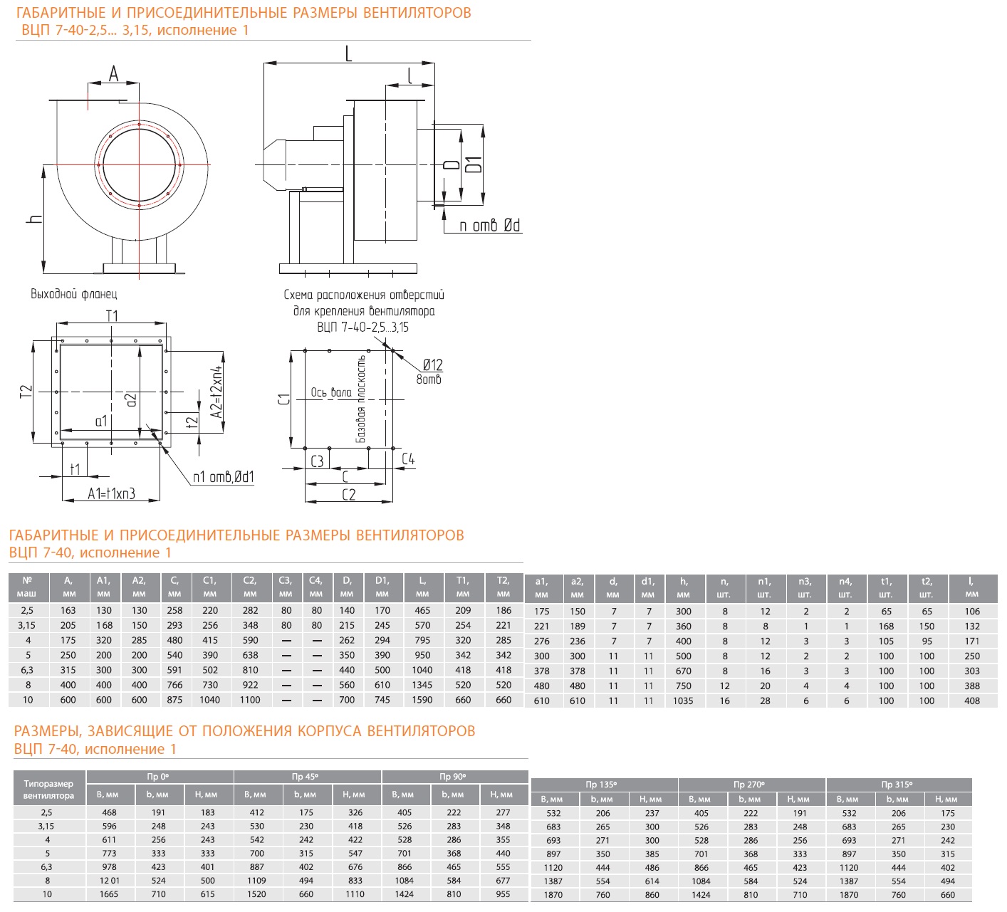 Габаритные и присоединительные размеры вентиляторов ВЦП 7-40-2,5... 3,15 (сх. 1)