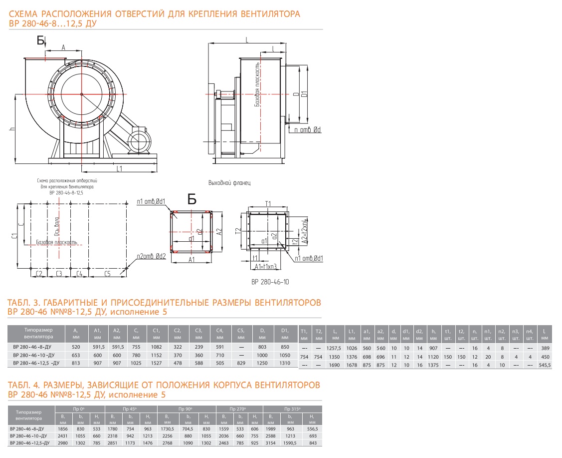 Габаритные и присоединительные размеры вентиляторов  ВР 280-46 ДУ (сх. 5)