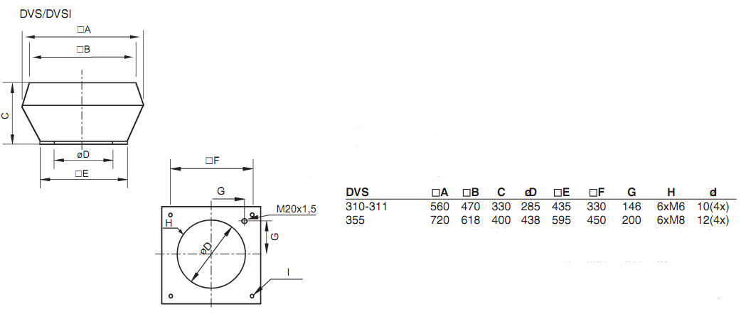 Габаритные размеры. Вентилятор DVS 310DS, DVS 311, DVS 355