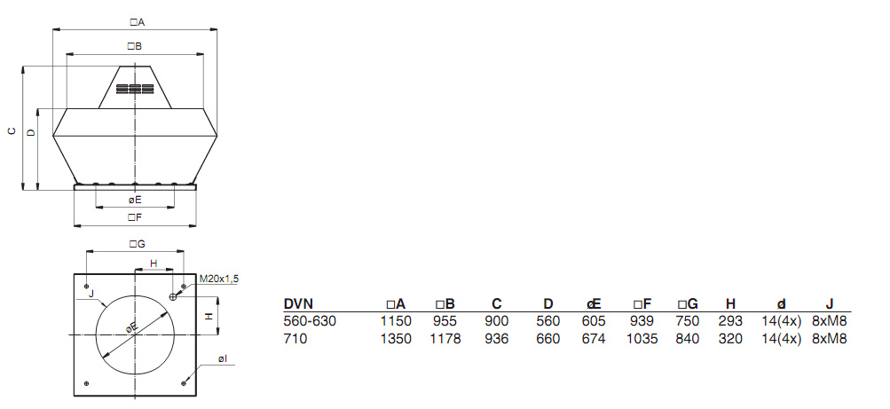 Габаритные размеры. Вентилятор DVN 560, DVN 630, DVN 710