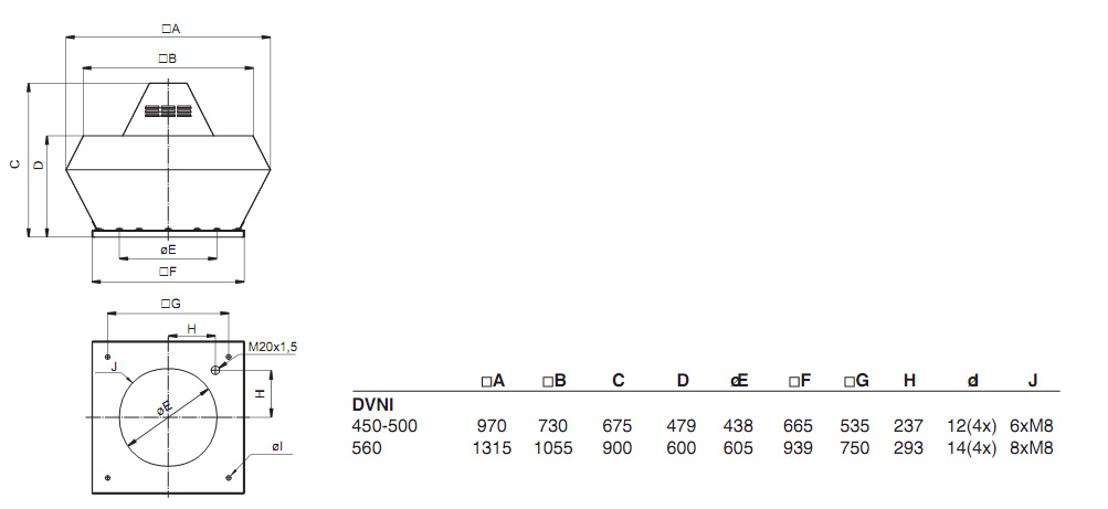 Габаритные размеры. Вентилятор DVNI 450, DVNI 500, DVNI 560DV